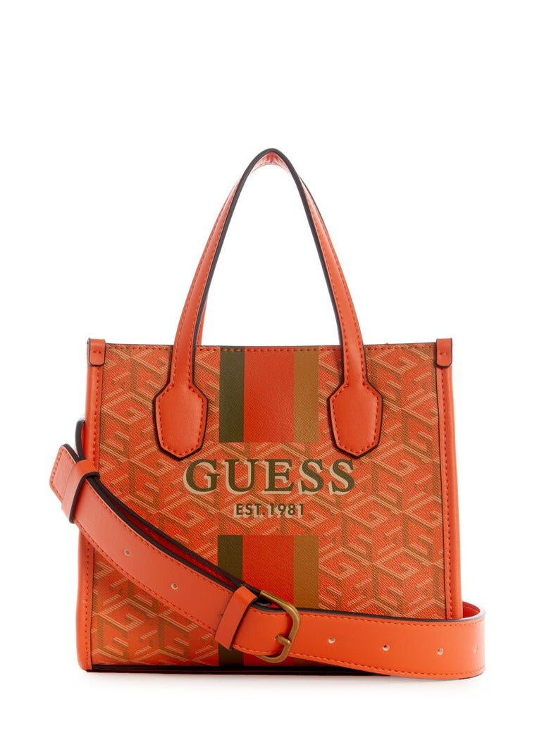 GUESS Silvana Two Compartment Mini Tote Bag – Orange Logo, Removable Strap - Image 1